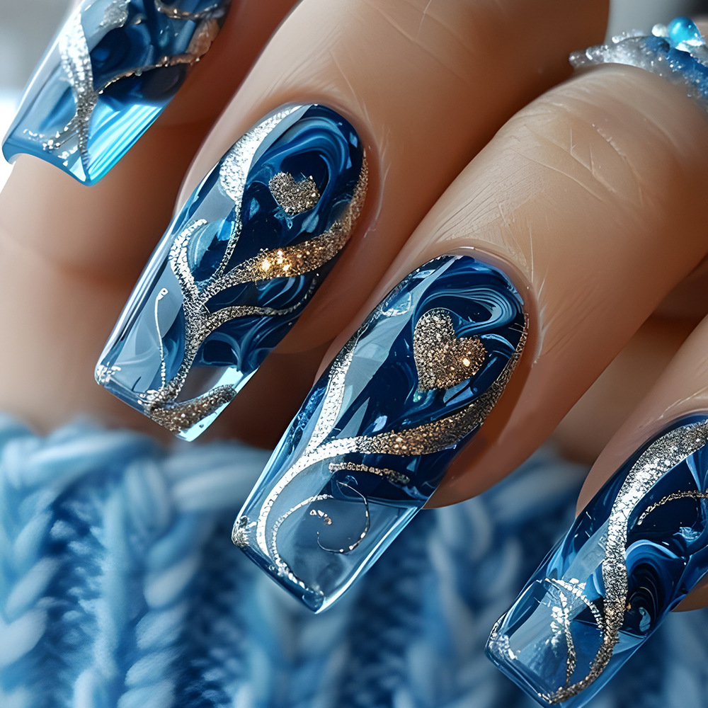 Nail Art Press On - 24 szt. Niebieskie Naklejane Paznokcie Spicy